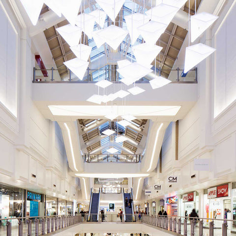 Paper Plane Shaped Light Fixtures at the County Mall in Crawley. Made by Iberian Lighting