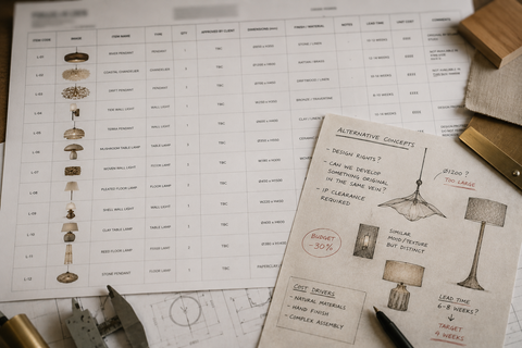 Annotated lighting procurement schedule with alternative lighting concepts, handwritten development notes and material references on a workshop table.