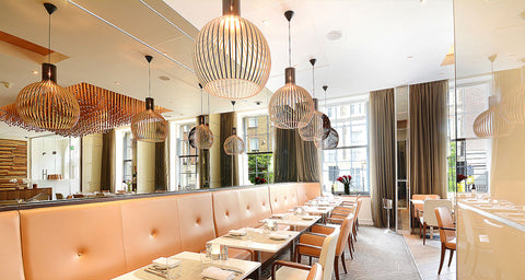 Restaurant View of the Copper Plated Rods Ceiling Lights made by Iberian Lighting