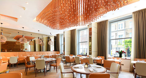 Restaurant View of the Copper Plated Rods Ceiling Lights made by Iberian Lighting