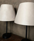 two embossed empire shades in light silk against a brown wall
