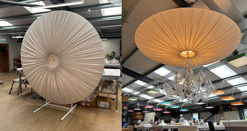 A finished Oversized Canopy Lampshade for The Georgian Restaurant, Harrods being tested at the Iberian Lighting Studio