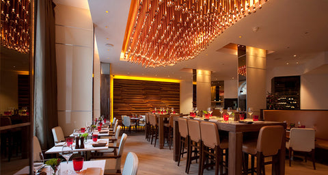 Restaurant View of the Copper Plated Rods Ceiling Lights made by Iberian Lighting