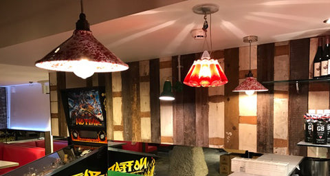 Restaurant View of the hanging lamps for Pizza Pilgrim made by Iberian Lighting