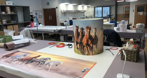 The horse-print fabric for a lampshade at Iberian Lighting Studios for Barbie the Movie 