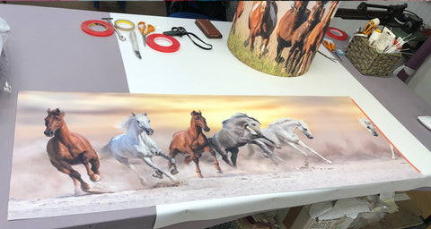 The horse-print fabric for a lampshade at Iberian Lighting Studios for Barbie the Movie 